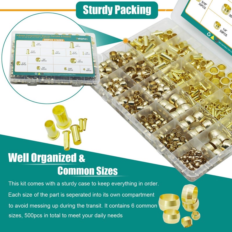 Dekiphox 500PCS Brass Compression Sleeves Ferrules Inserts Kit 1/2" 3/8" 5/16" 1/4" 3/16" 1/8" Tube OD, 6 Sizes Air line Fittings Assortment Kit for Air Water Fuel Oil and Inert Gases Line - Image 5